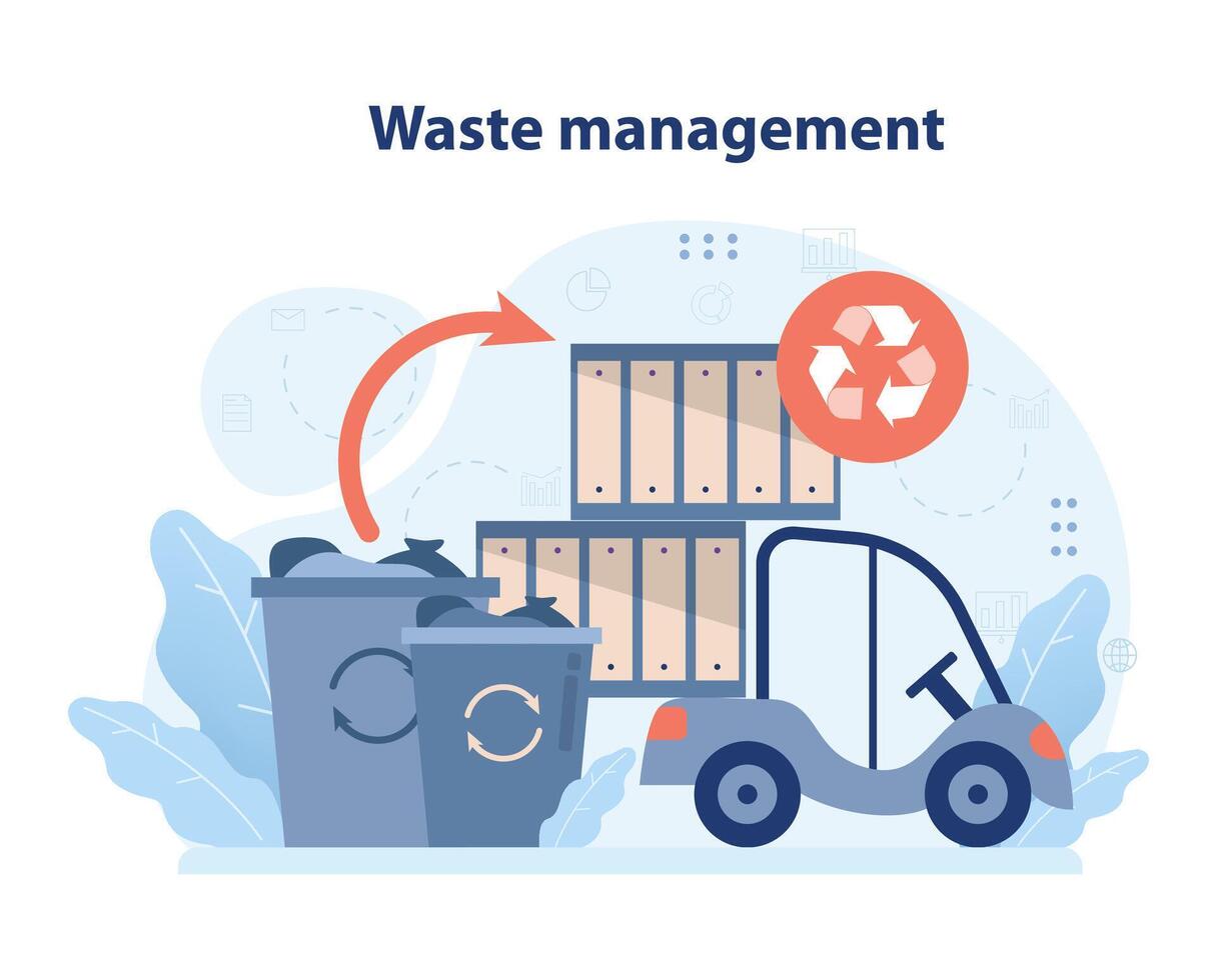 Waste management in sustainable cities showcased by a truck collecting sorted trash. Flat vector illustration