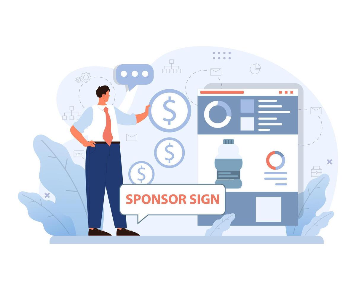 Professional presenting sponsorship opportunities on a digital interface. Flat vector illustration