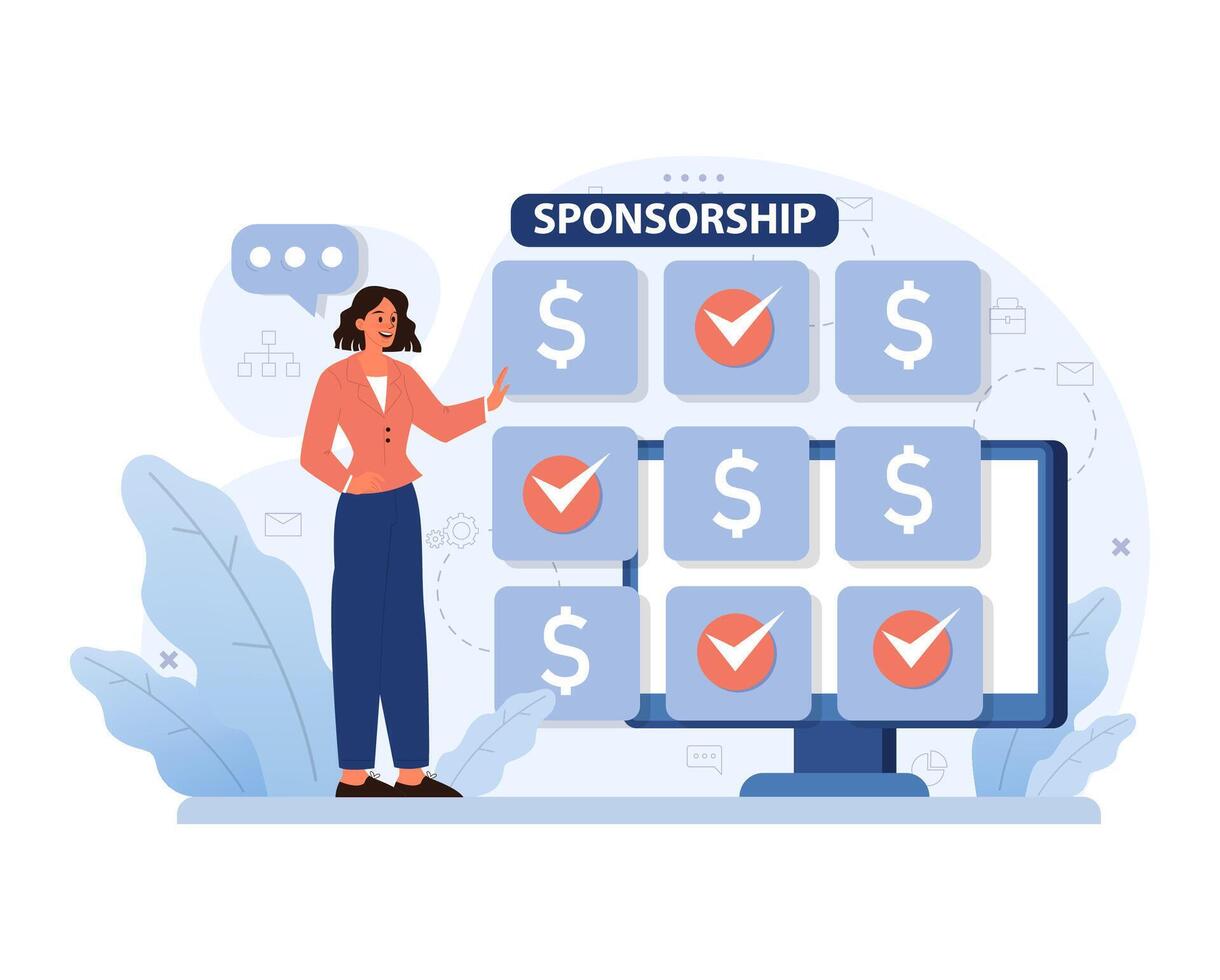 Businesswoman showcasing sponsorship opportunities. Flat vector illustration