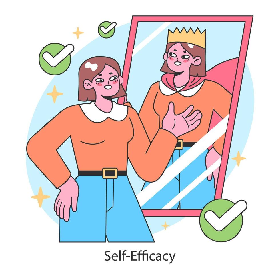 Empowerment and self-efficacy. Young woman sees her confident reflection vector