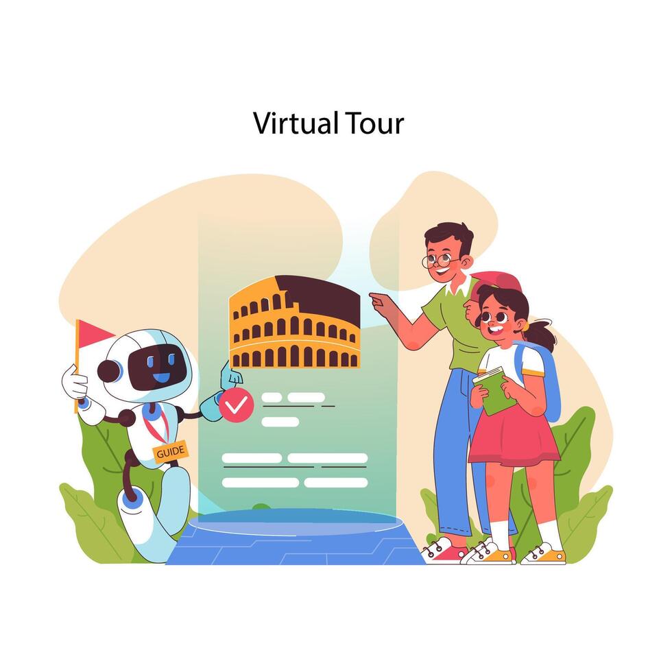 AI in education enables a virtual tour of historical sites. Flat vector illustration