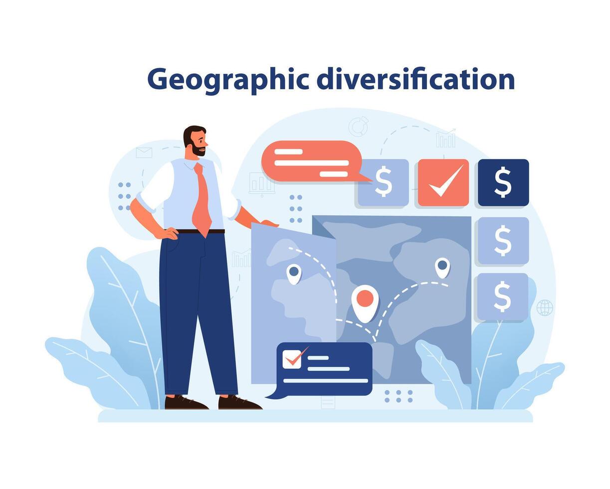 Confident businessman presents geographic diversification strategy. Flat vector illustration