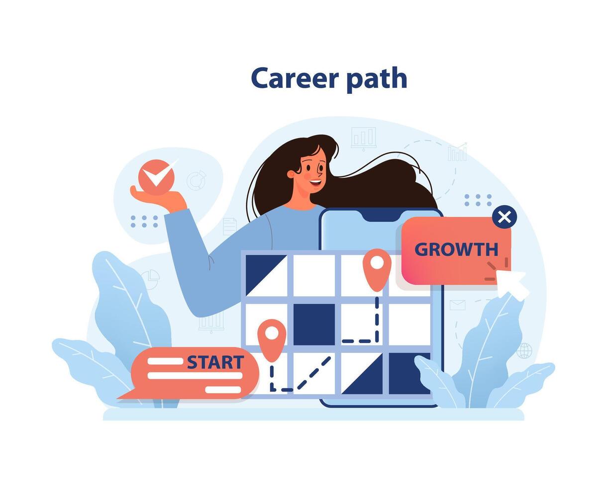 Strategic career path plotting, with a professional at the start. vector