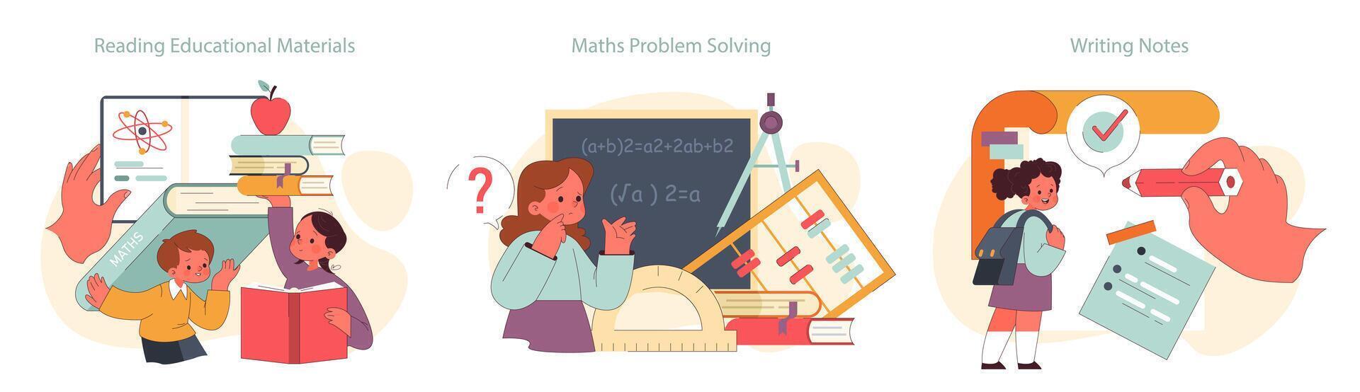Children learn set. Elementary school classes. Children engaging in studies vector