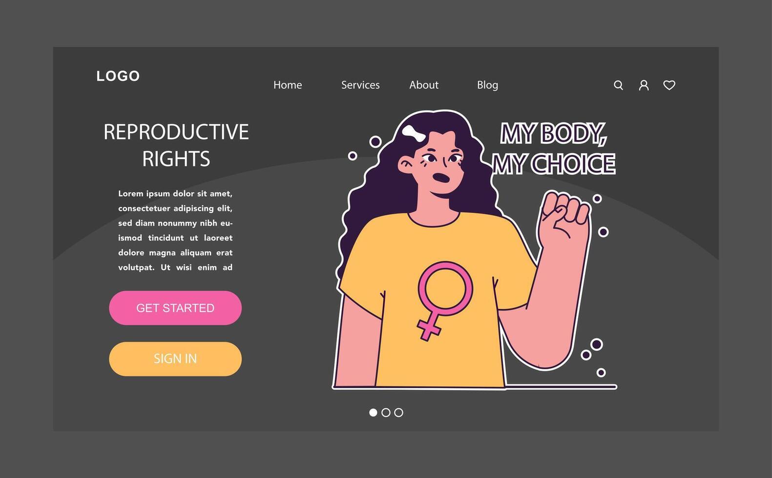 Reproductive rights dark or night mode web, landing. Empowered vector