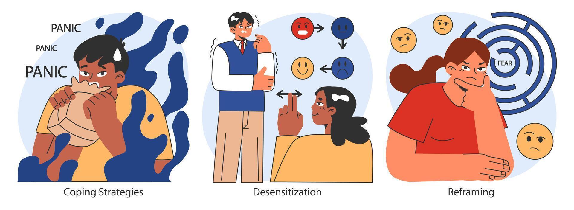 Overcoming fears set. Characters confronting fears with desensitization vector
