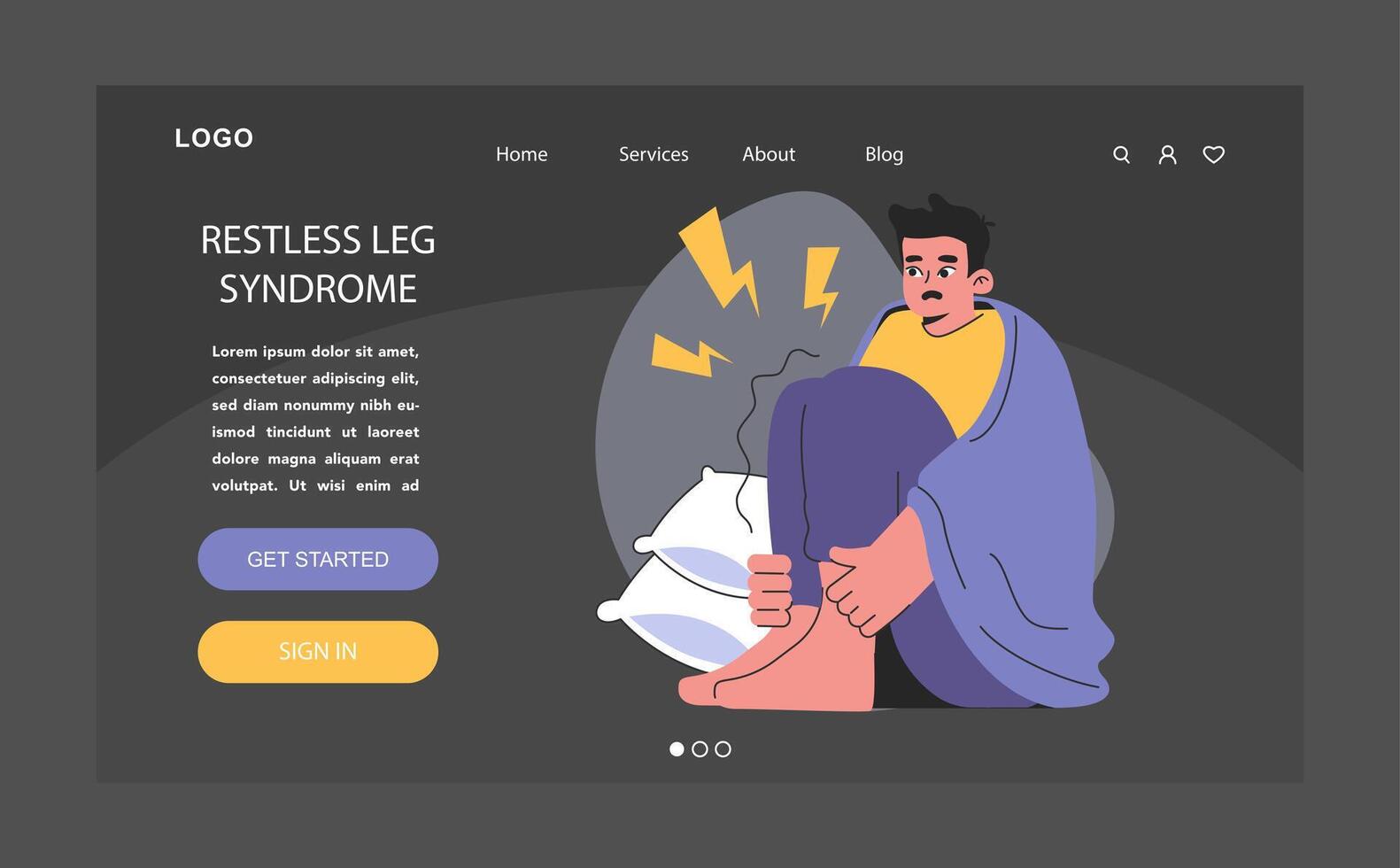 Restless legs syndrome or RLS dark or night mode web, landing. Nighttime vector