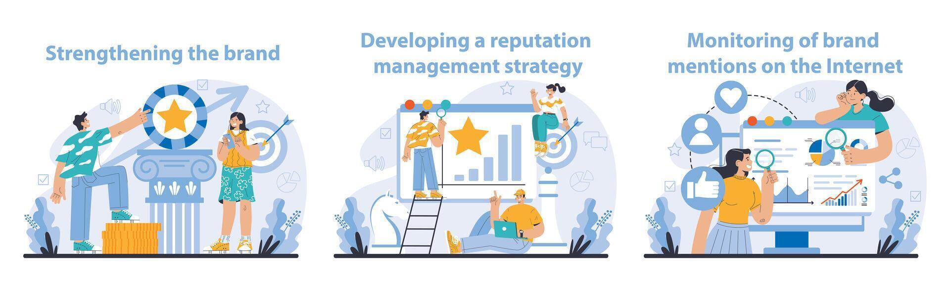 Reputation management set. Building relationship with targeted audience. vector