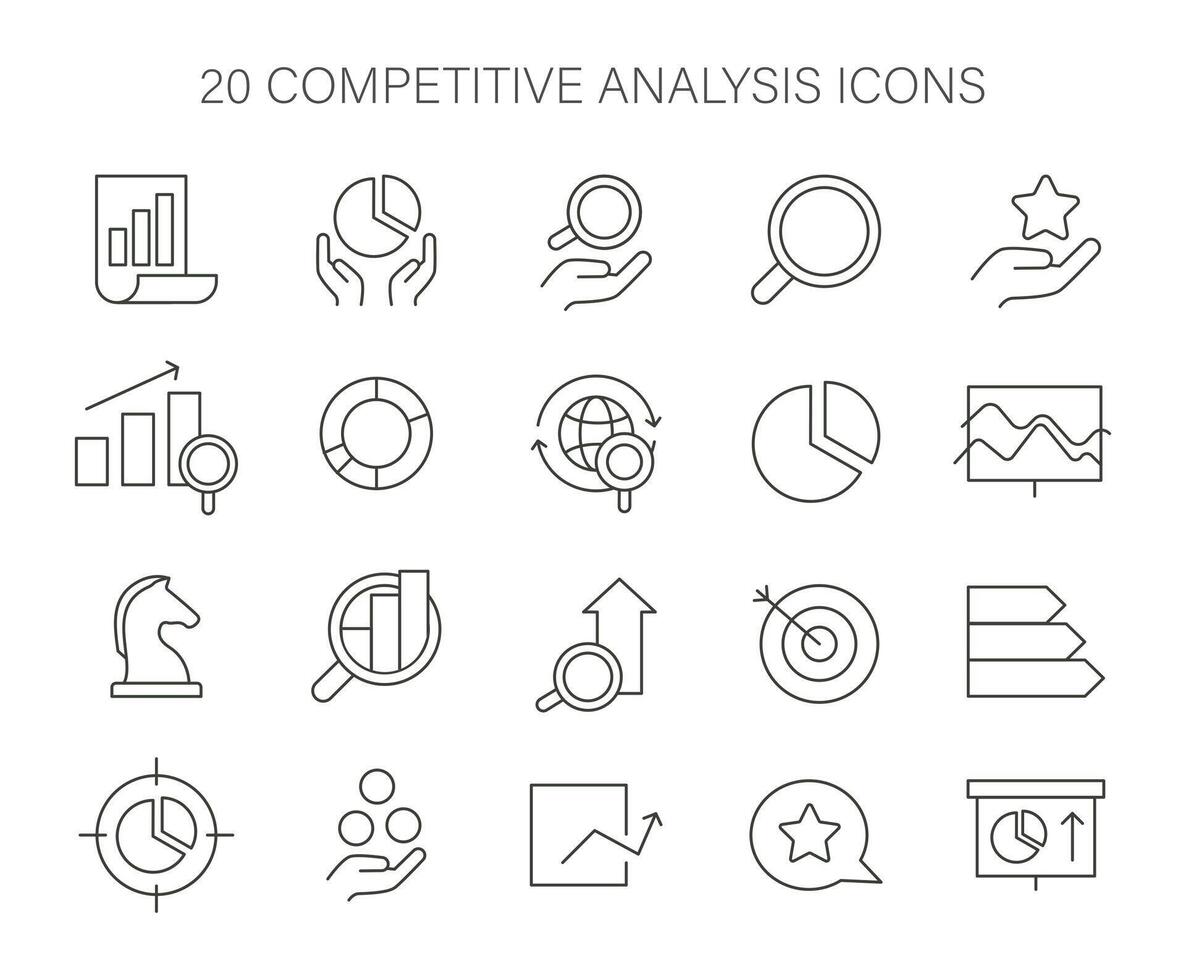 Icon set for competitive analysis. Essential visual tools for market research. vector