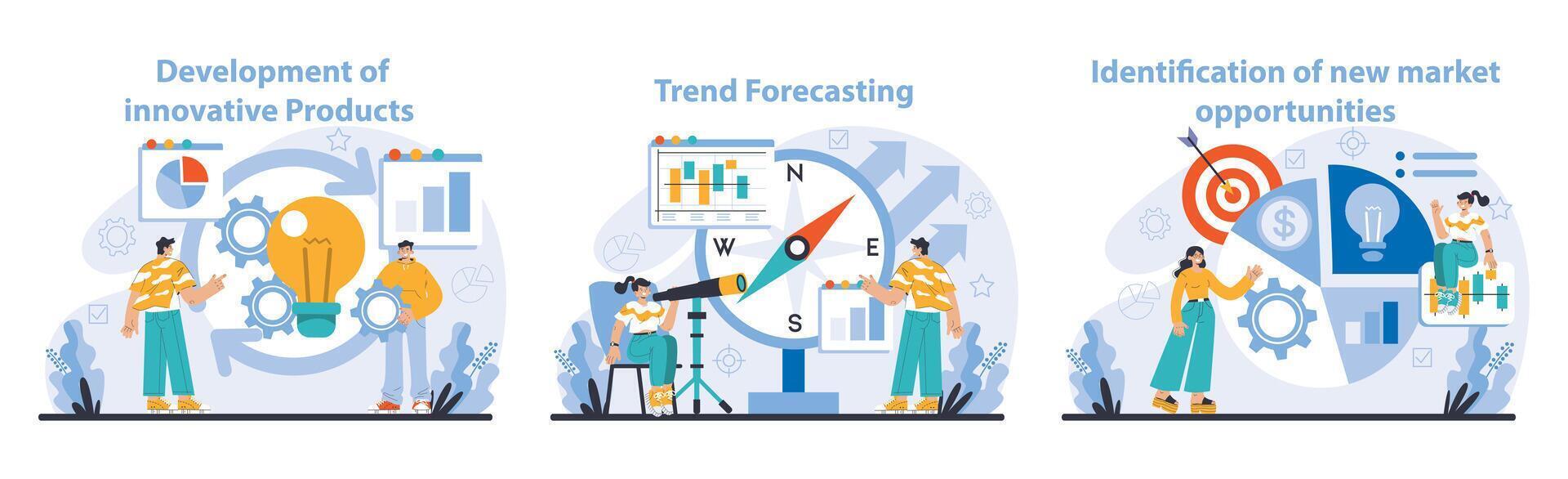 Trend watching set. Specialist tracking new business trends. Forecasting vector