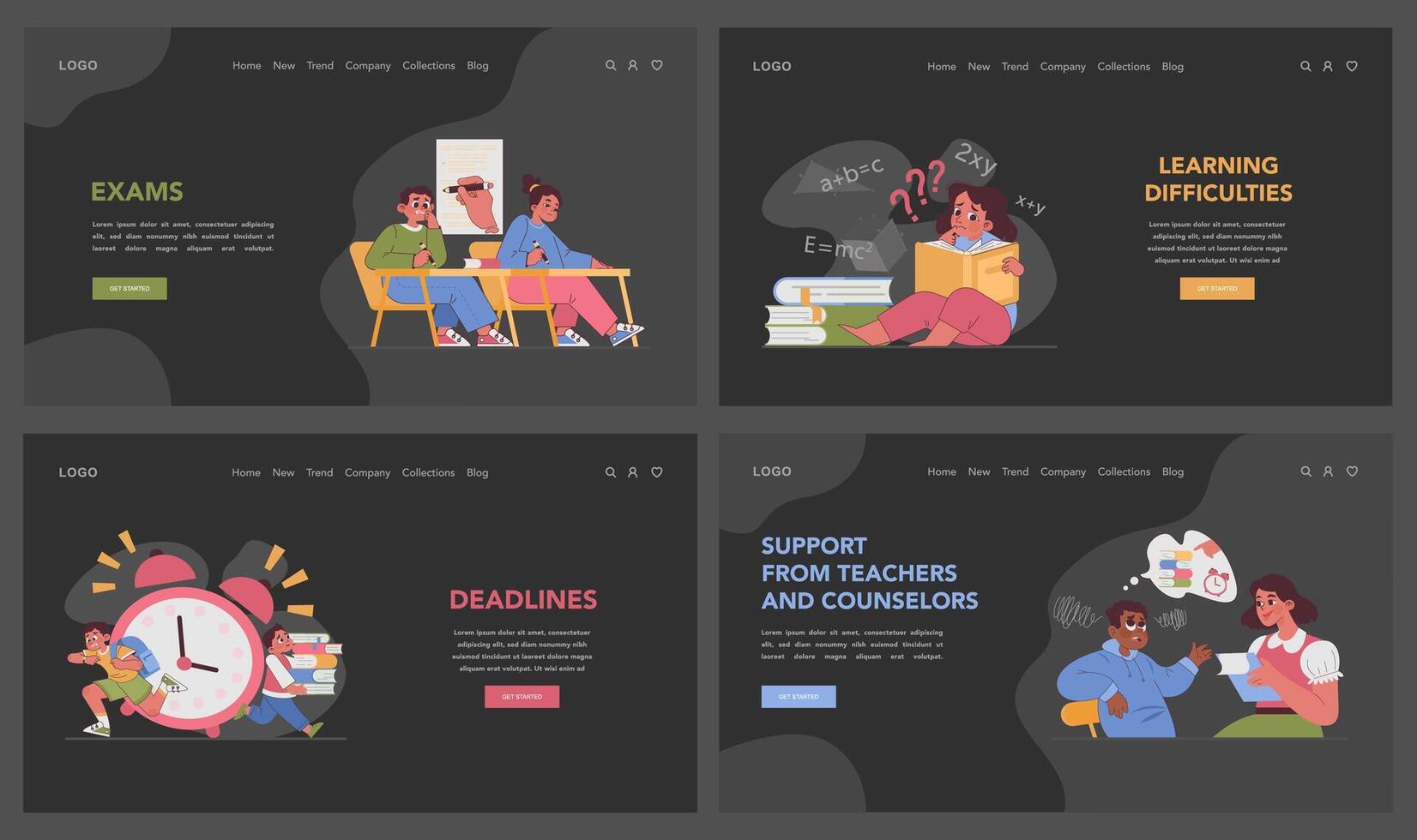 Educational stress web or landing set. Students race against deadlines vector