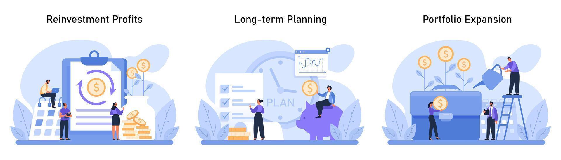 Capital Gain concept. Showcasing reinvestment profits, importance of long-term vector