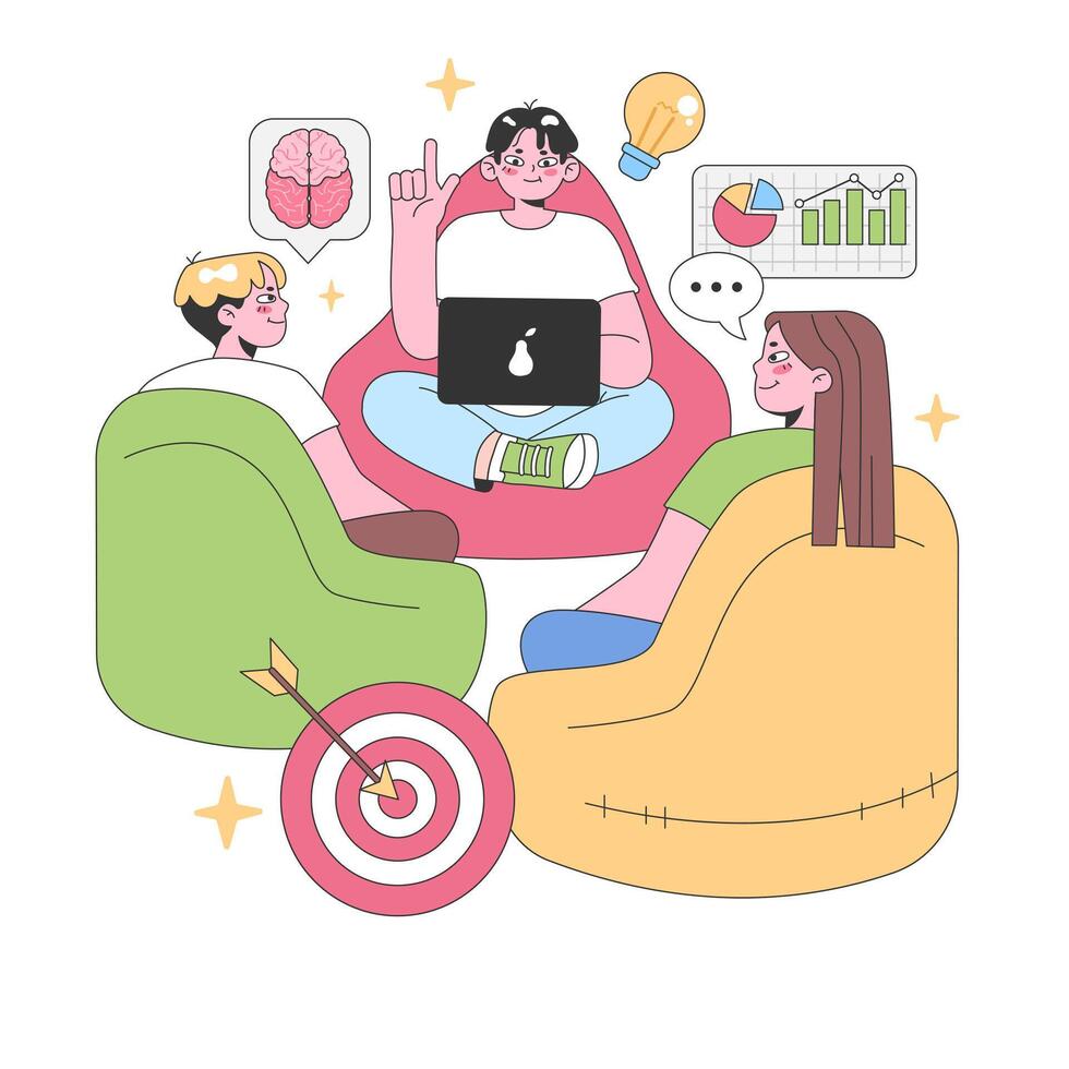 A group in a cozy brainstorming session. Flat vector illustration