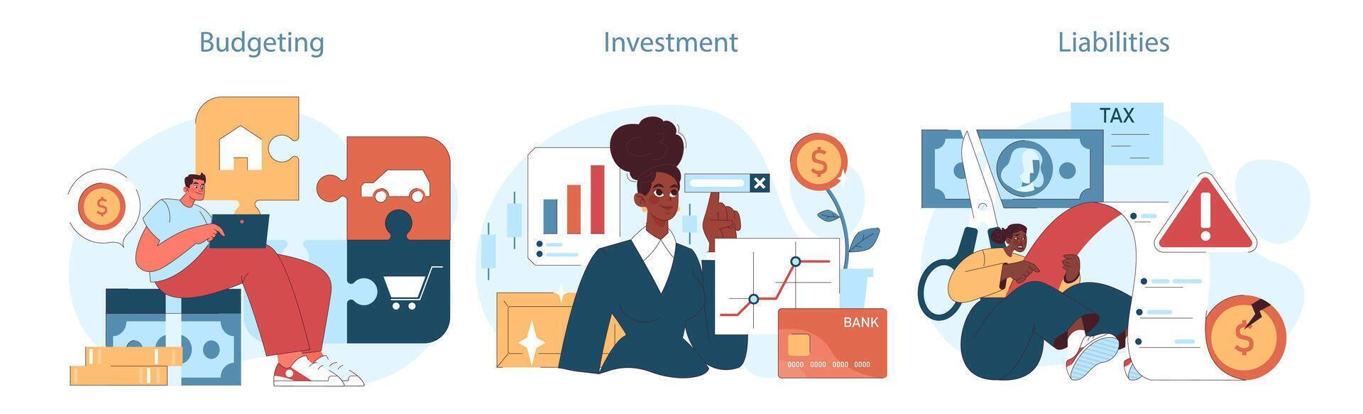 Financial planning set. Budgeting, investment, and liabilities intricacies vector