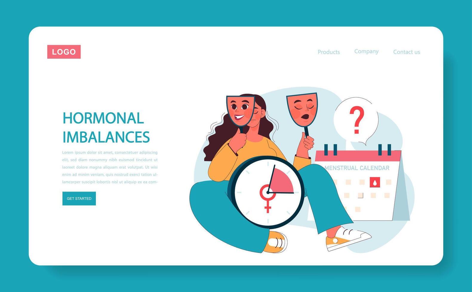 Hormonal imbalances web or landing. Woman evaluates hormonal vector