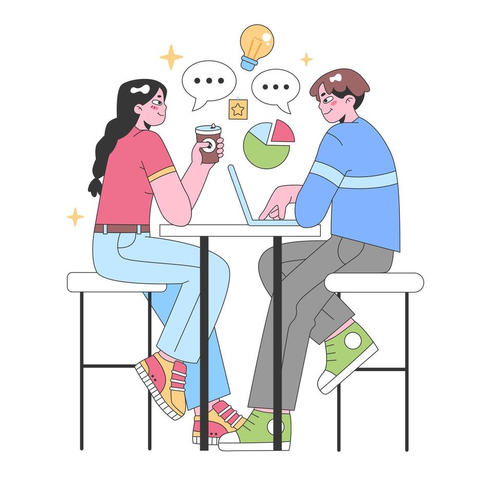 Two colleagues collaborate over coffee. Flat vector illustration.
