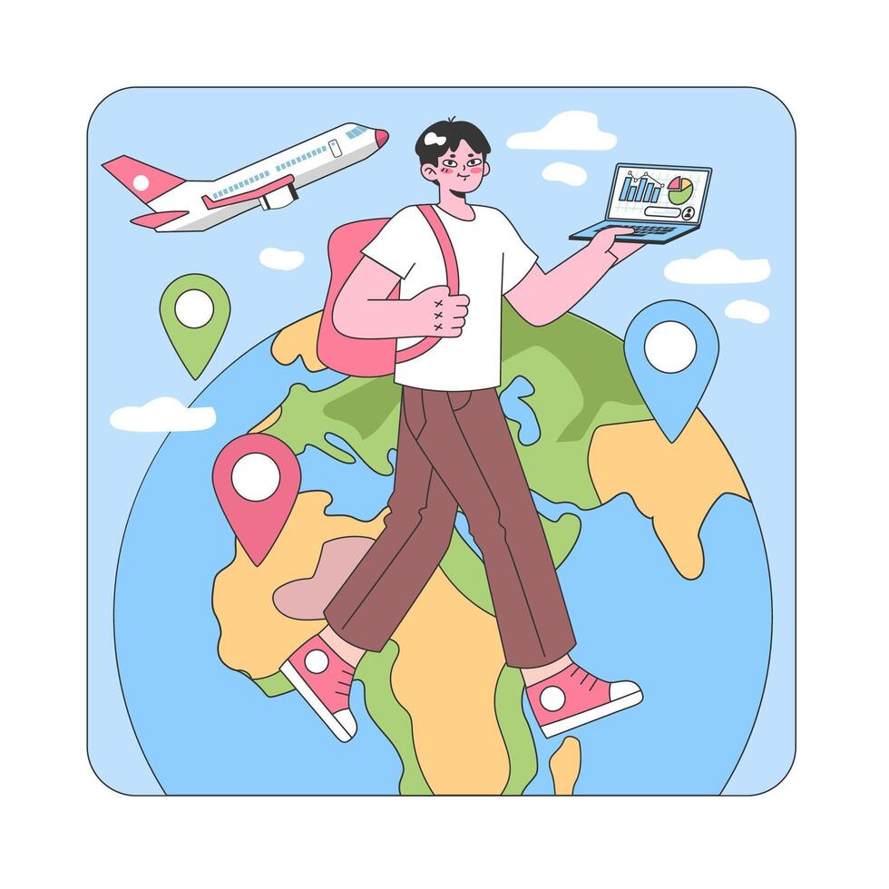 Digital nomad adventures. Flat vector illustration.