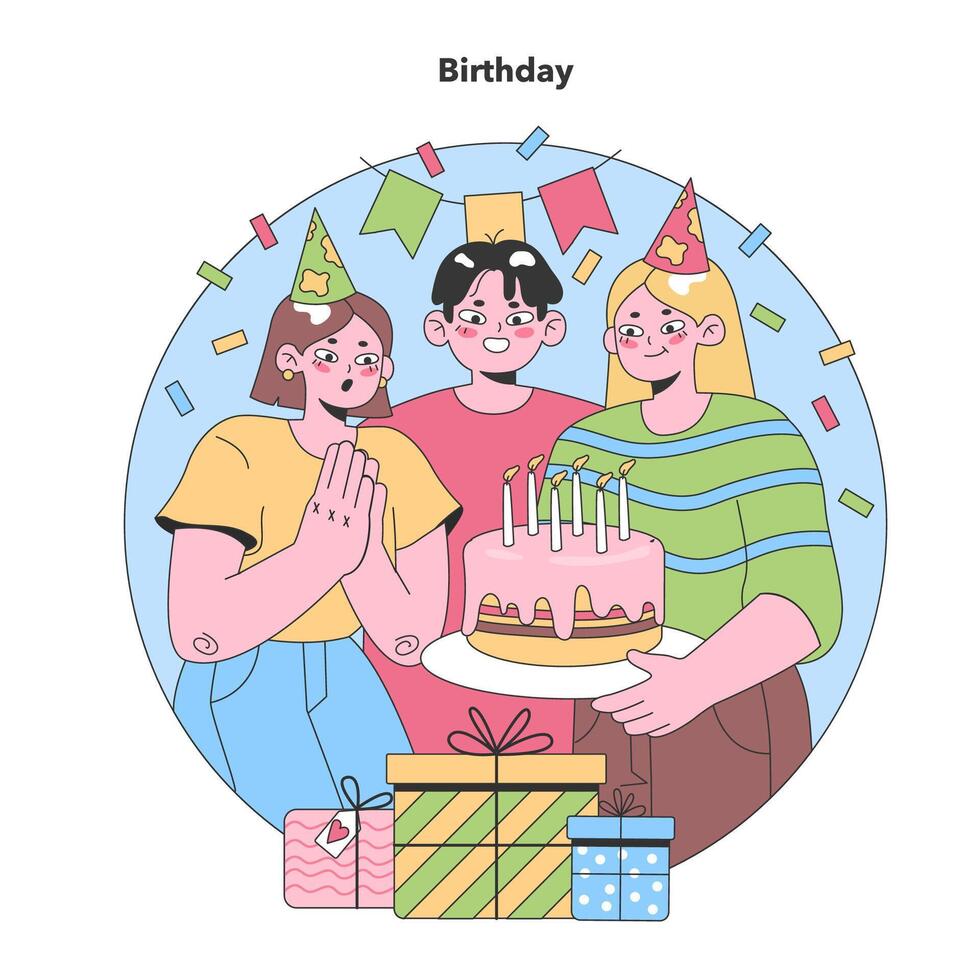 cumpleaños intento. amigos reunir a celebrar con un pastel adornado con velas vector