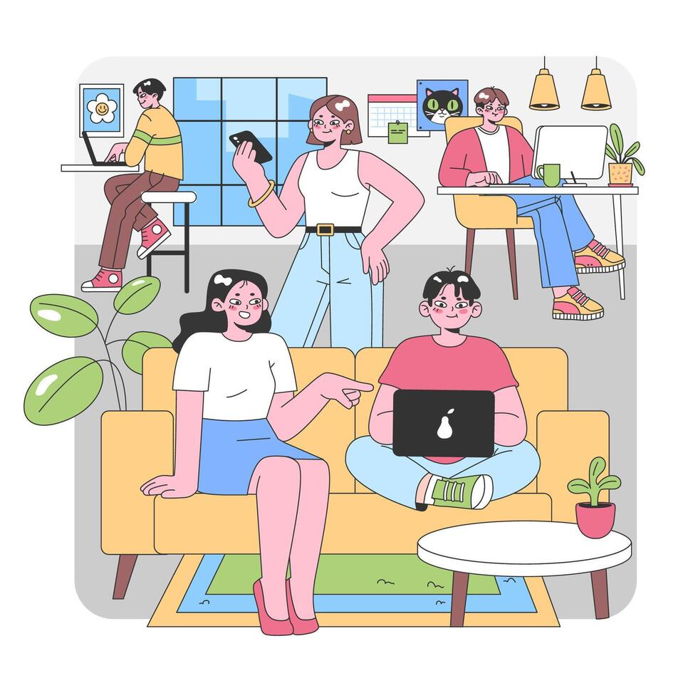 Friends gathering in a vibrant living room. Open window city view. Flat vector illustration