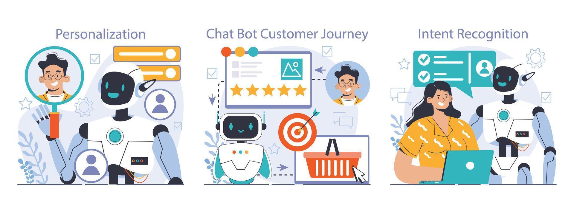 Chat bot set. AI-powered customer service. Online consultation with artificial vector