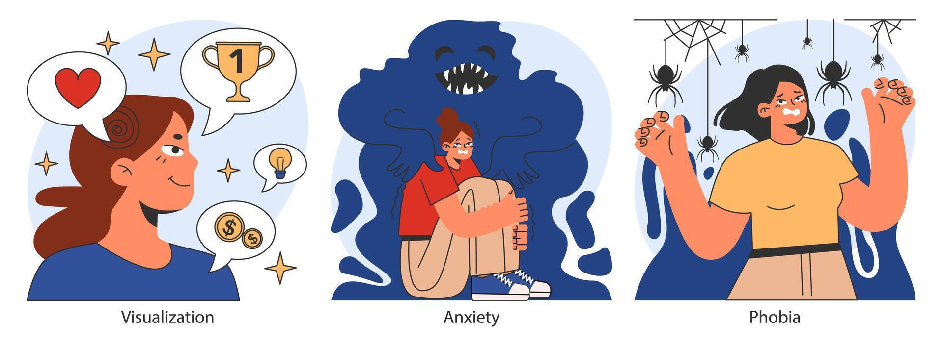 Overcoming fears set. Characters confronting fears with desensitization vector