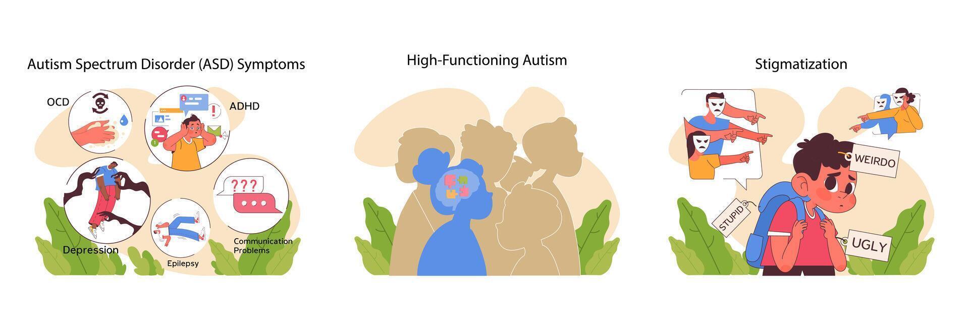 Autism challenges and perspectives set. Flat vector illustration