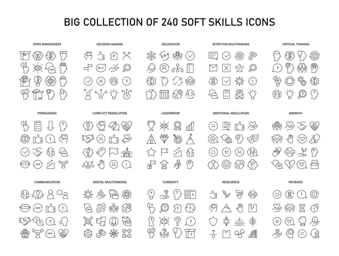 Soft Skills big icons set. Enhance essential interpersonal abilities with icons of critical thinking, leadership, and more. vector