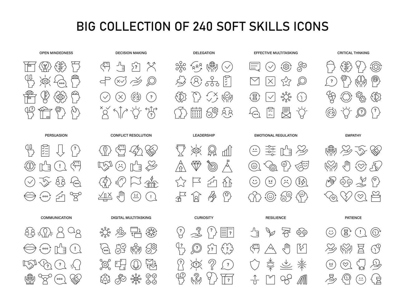suave habilidades grande íconos colocar. mejorar esencial interpersonal habilidades con íconos de crítico pensamiento, liderazgo, y más. vector