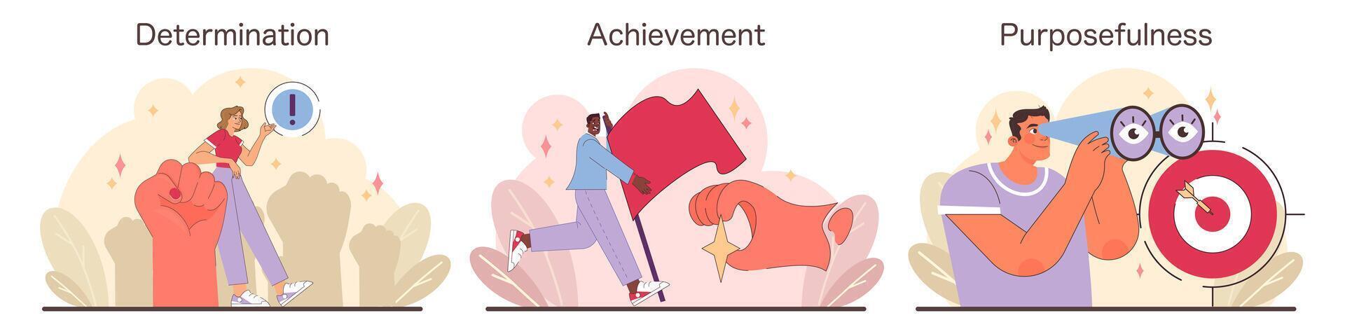 Determination and Achievement trio. Flat vector illustration