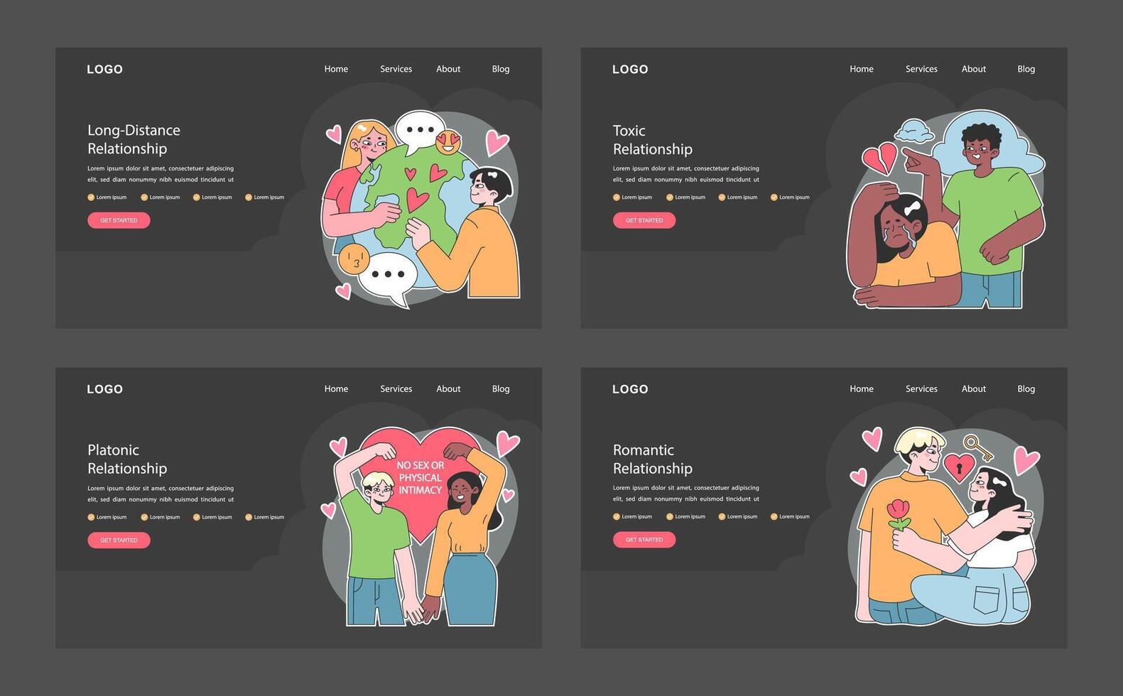 Relationships web or landing dark or night mode set. Diverse interpersonal vector