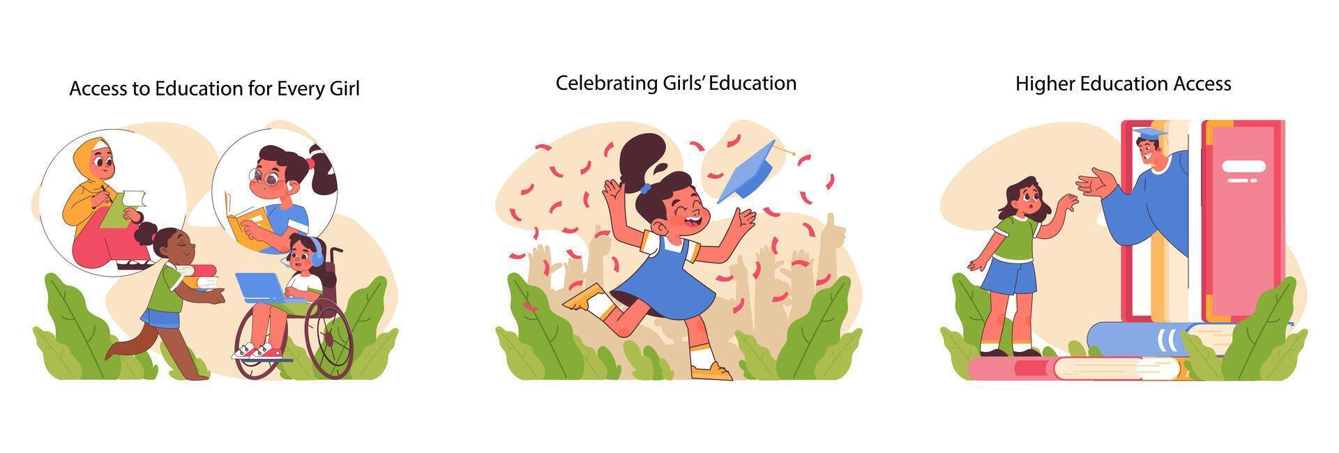 Girls education journey set. Flat vector illustration