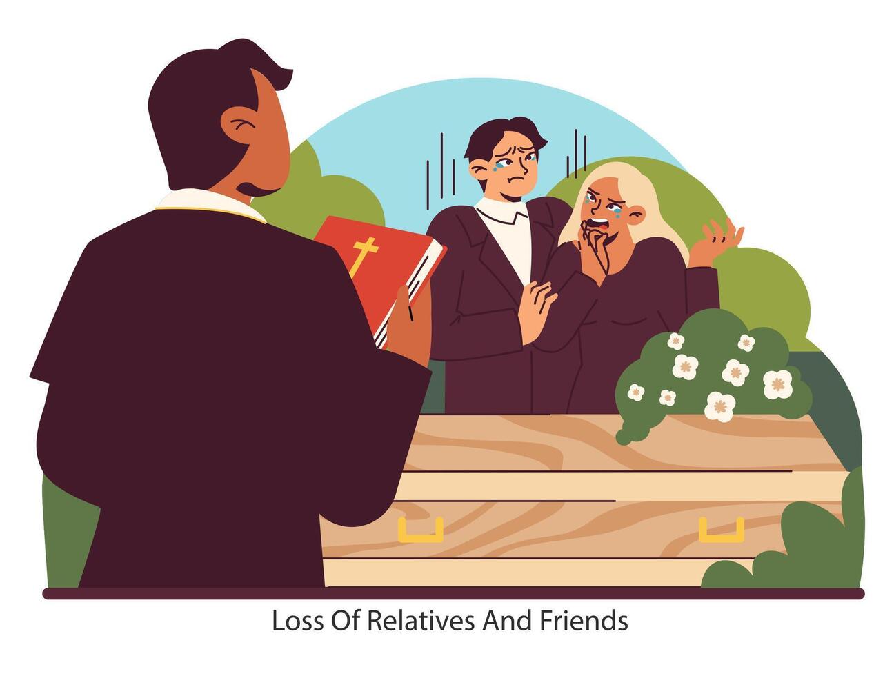 Grieving process depiction. Flat vector illustration.