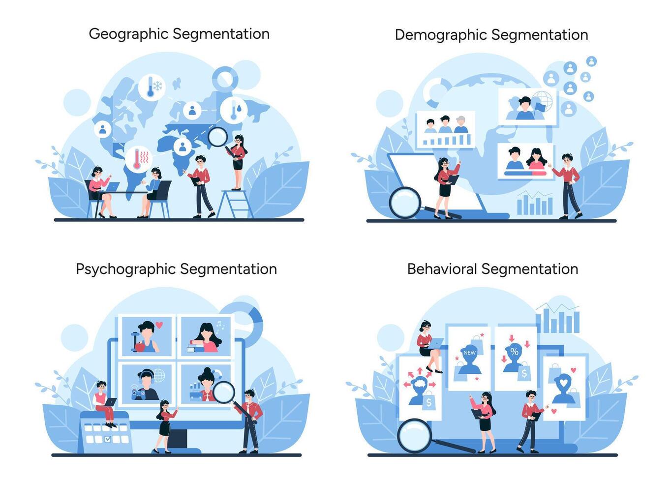 Vector illustrations present geographic, demographic, psychographic, and behavioral market divisions