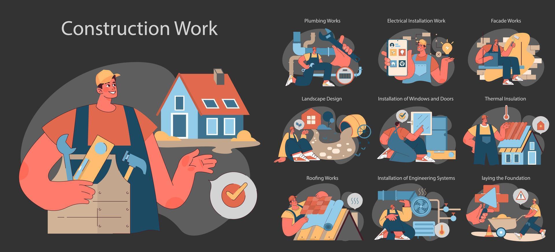 Construction work set. Diverse crew performing plumbing, electrical, facade vector