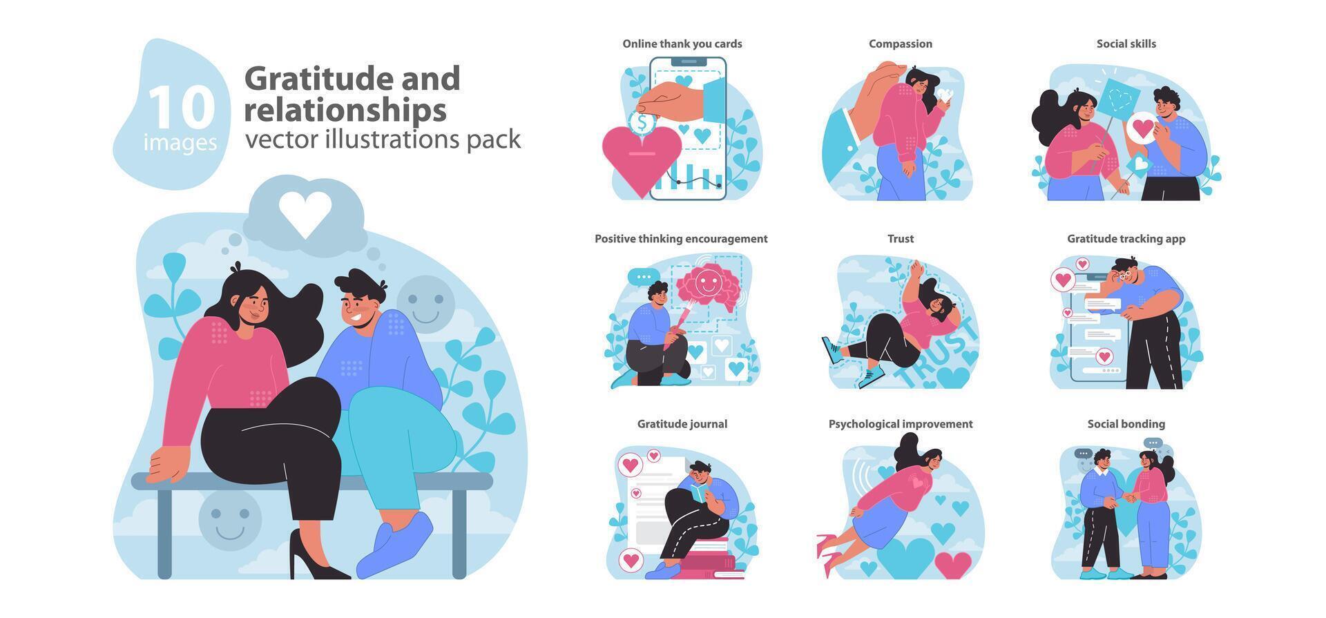 Gratitude and relationships set. Celebrating emotional connections vector