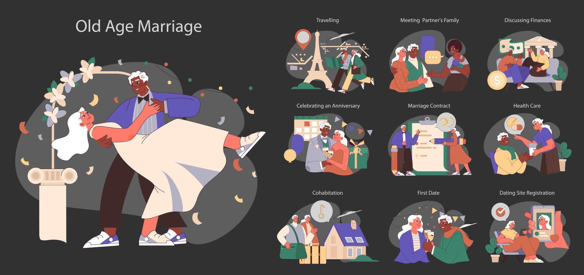 Old age marriage set. Excited senior couple. Elderly people dating and building vector