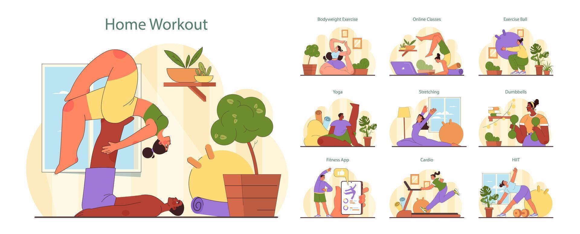 Home Workout set. Indoor fitness routine variety. vector