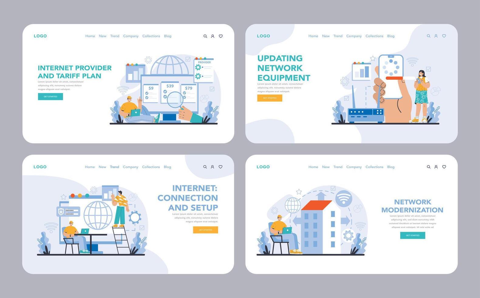 Wi-Fi network web or landing set. Specialist setting up, developing vector
