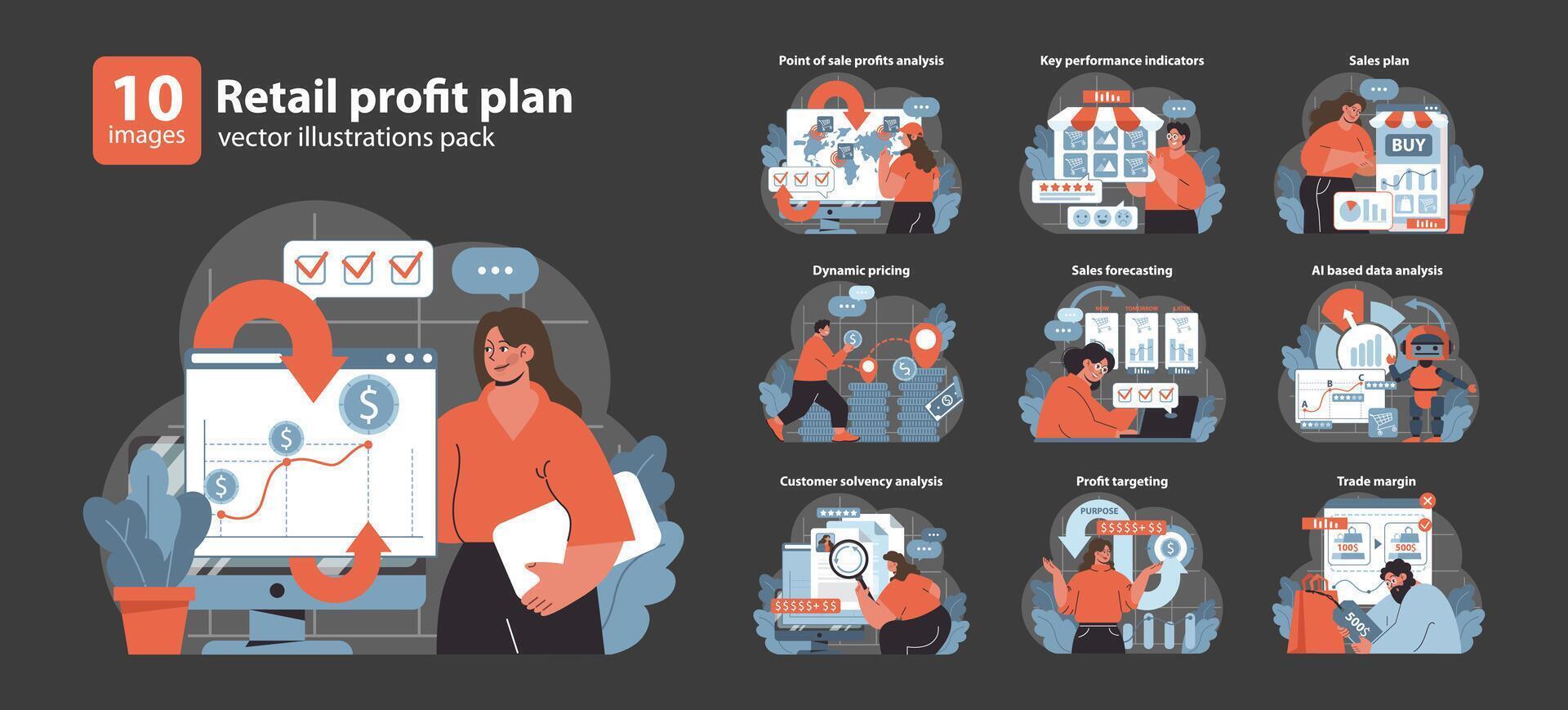 Retail Profit Plan set. Detailed analysis and strategic planning in sales and finance. vector