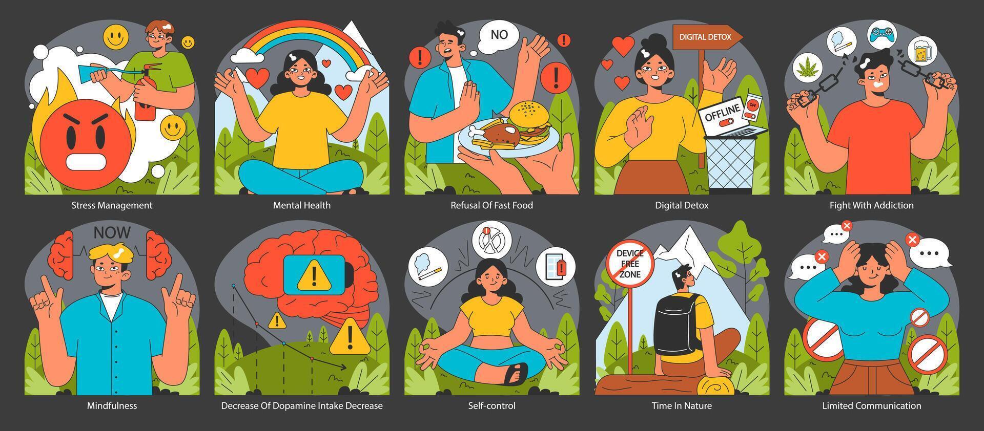 Dopamine fasting set. Flat vector illustration.