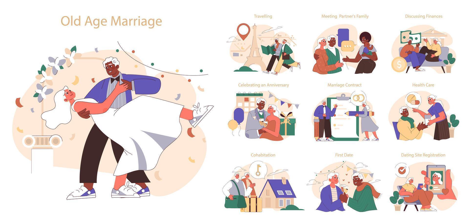 Old age marriage set. Excited senior couple. Elderly people dating and building vector