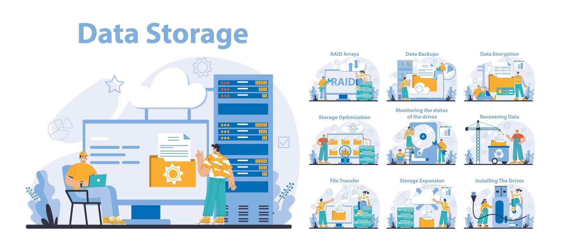 Data storage set. Flat vector illustration.