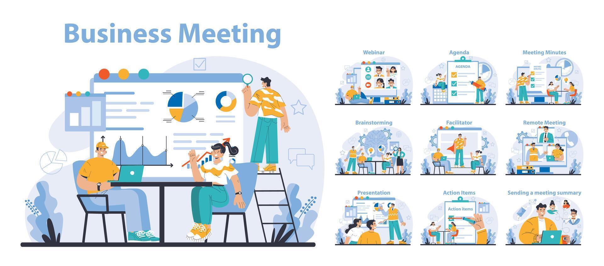 Business meeting set. Flat vector illustration.