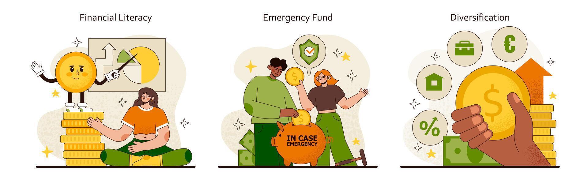 Financial Independence set. Illustrates learning about investments, preparing for emergencies vector