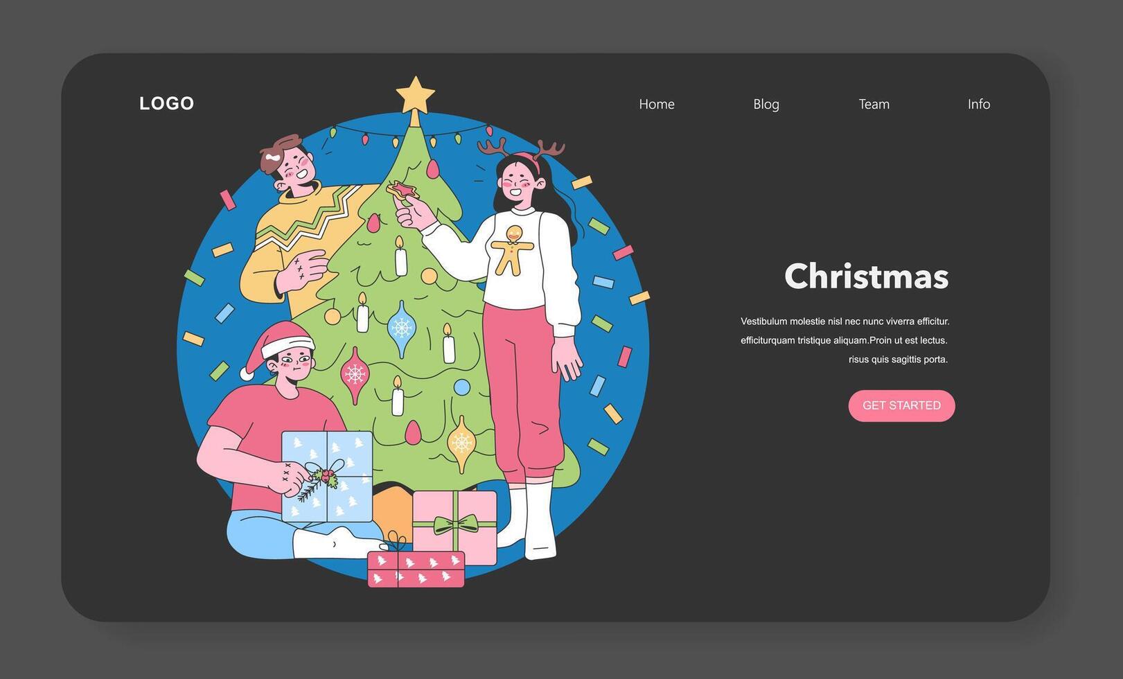 Christmas web or landing. Smiling individuals exchange gifts and decorate vector