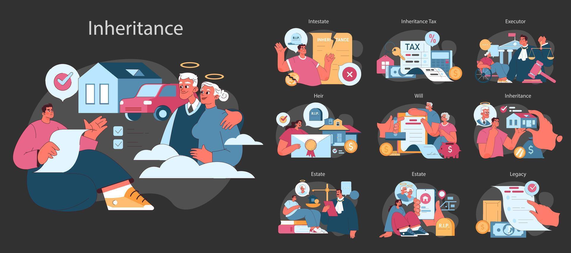 Inheritance dark or night mode set. Estate planning, tax considerations vector