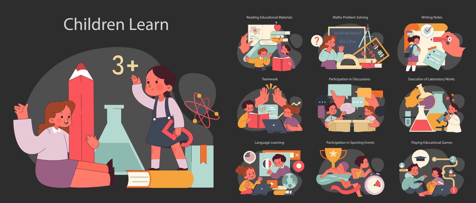 Children learn dark or night mode set. Elementary school classes. Kids vector