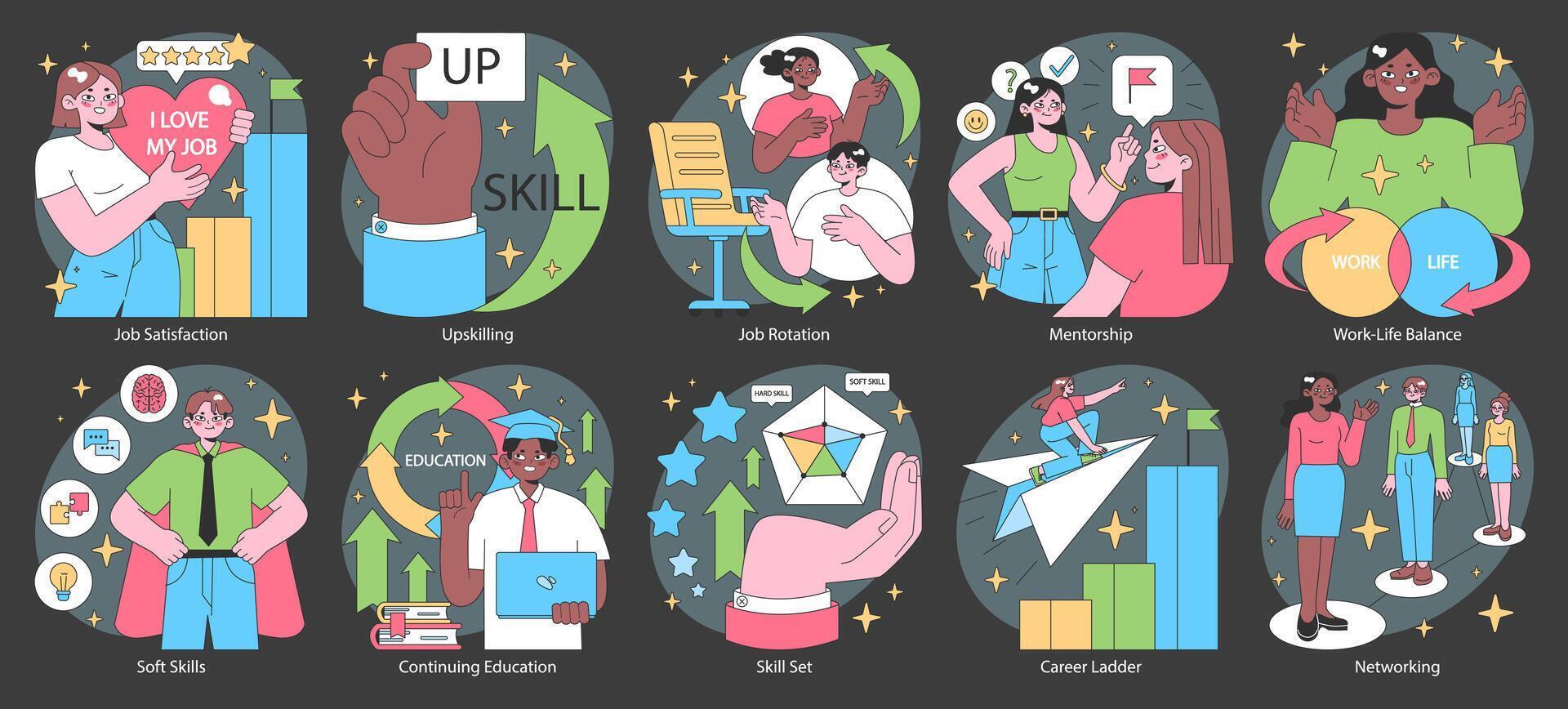 Professional growth dark or night mode set. Pathways and strategies vector