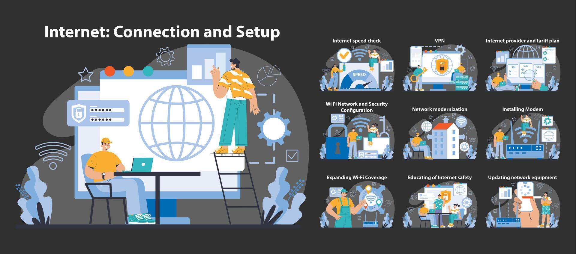 Wi-Fi network set. Specialist setting up, developing and maintaining wireless vector