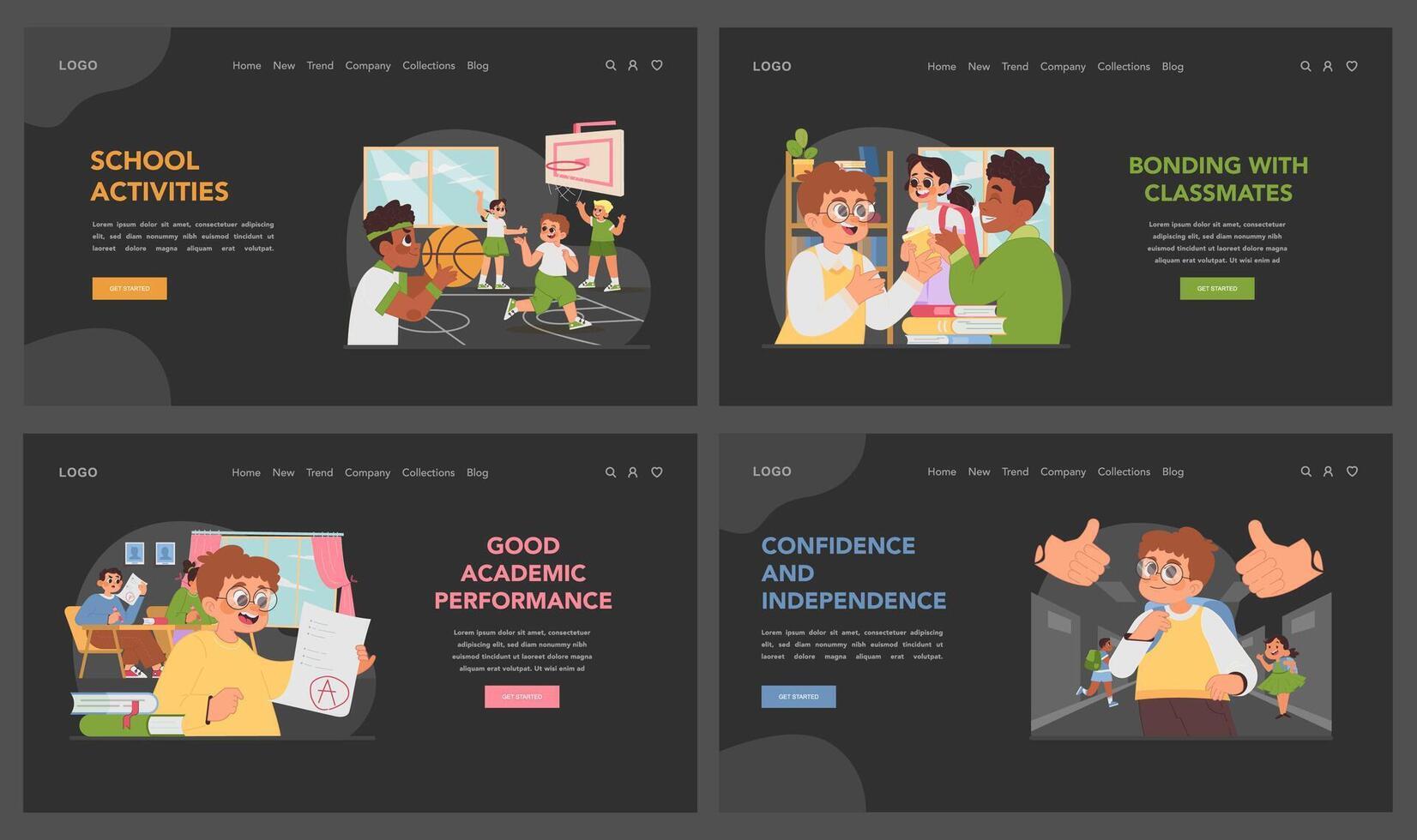 New at school dark or night mode web, landing set. Building friendships vector